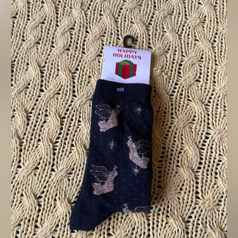 NWT Black Women’s Christmas socks gold angles